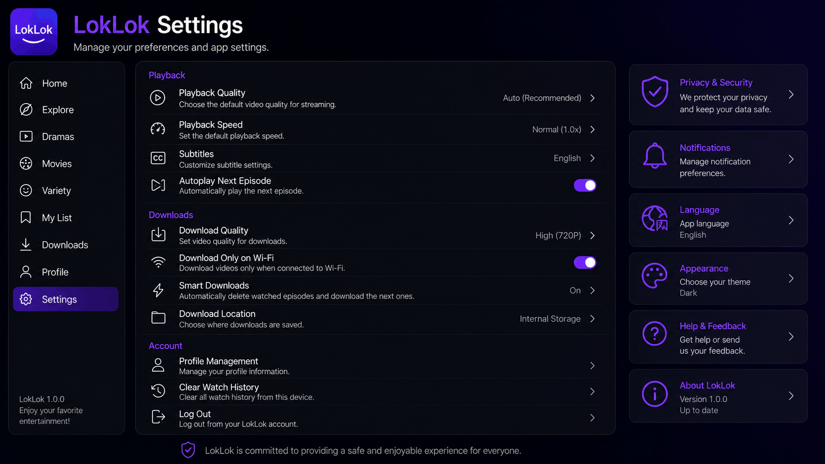 LokLok Settings Menu