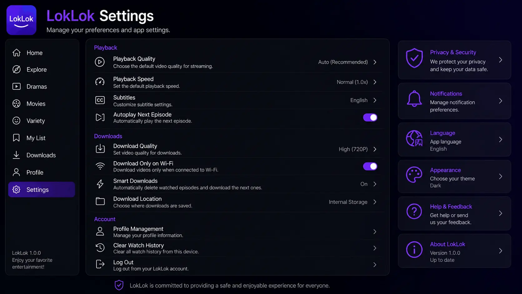LokLok Settings Menu